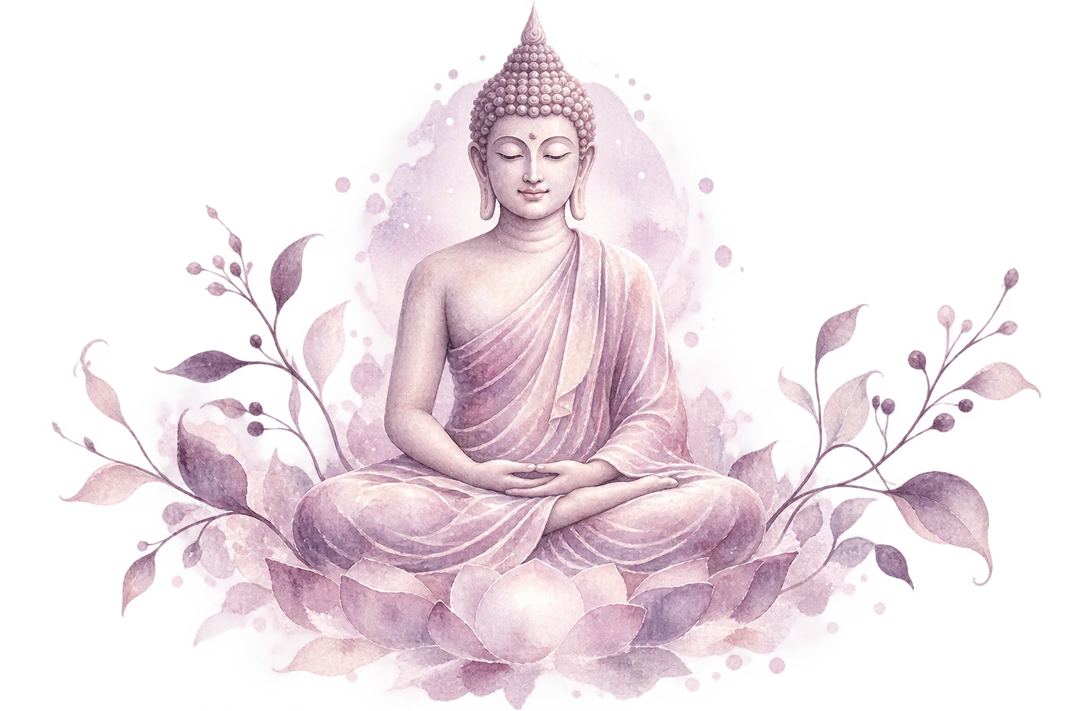 Bouddha en méditation, dans une aquarelle mauve et nacrée.